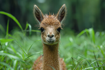 a cheerful llama stands in vibrant green grass, basking in the warm sunlight. the serene atmosphere 