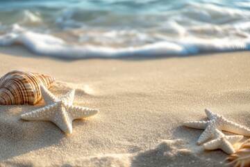 Fototapete - Stunning beach landscape featuring shells and starfish along sandy shoreline with gentle waves. Generative AI