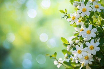 Leinwandbilder - Bright white flowers in spring with green leaves and soft blurred background ready for text insertion or decoration. Generative AI