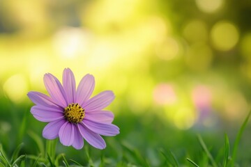 Poster - Vibrant purple flower in a lush green meadow with soft bokeh background ideal for text placement and creative designs. Generative AI