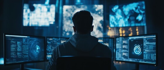 Poster - Team analyzing blockchain applications in high-tech office digital environment multi-screen setup