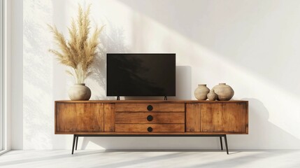 A sleek, modern living room with an empty flat-screen television on the wall, showcasing a wooden cabinet and contemporary furniture against a white background for text or product display