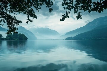 Aufkleber - Serene lake view with mountains in the background and calm water reflecting the skys hues. Generative AI