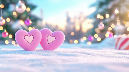 Wall Mural - Pink plush hearts on snow with Christmas tree and lights. Valentine and winter holiday postcards