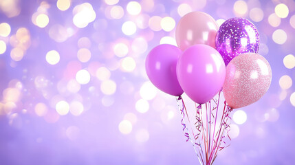 Wall Mural - pink and purple balloons with glitter against bokeh background. birthday party decoration concept