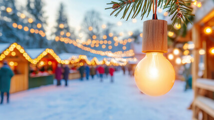 Wall Mural - Light bulb on pine branch at Christmas market with snow. Holiday and winter concept