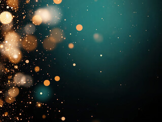 Wall Mural - Golden bokeh lights on turquoise and black background. Abstract and celebration design