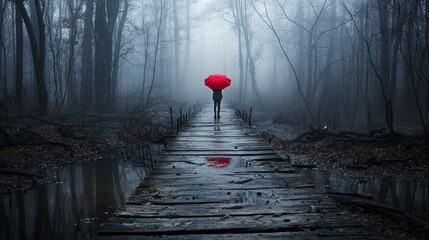 Aufkleber - Woman with red umbrella walking on foggy path tranquil forest photography mysterious atmosphere distant view