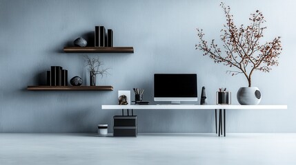 Poster - Minimalist workspace design modern office digital and physical assets sleek environment inspiring viewpoint
