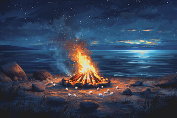 campfire on a beach at night glowing flames starry sky peaceful evening relaxing atmosphere ocean wa