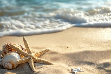 Poster - Natural beach setting with shells and starfish on golden sand near gentle ocean waves. Generative AI