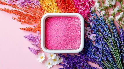 Poster - A Beautifully Arranged Flat Lay Featuring Colorful Dried Flowers and Pink Crystals on a Soft Pink Background for Creative Inspiration and Design Projects
