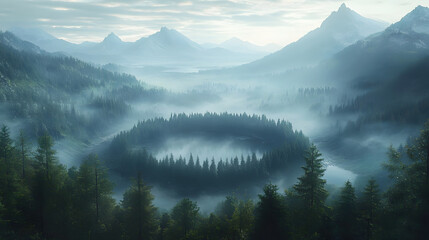 Wall Mural - A mystical scene of a ring of pine trees on a foggy mountainside, framing a dreamlike valley with softly glowing rivers and distant mountains.