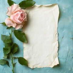 Poster - Beautiful blank space for text with a pink rose on a blue textured background for elegant designs. Generative AI