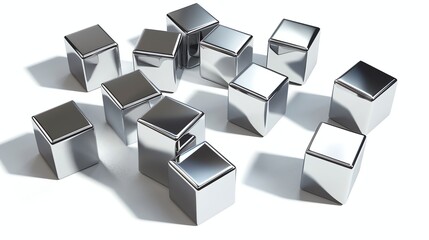 A scattering of silver cubes on a white background.