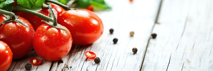Poster - Fresh red tomatoes on a rustic wooden table with spices for a vibrant culinary presentation. Generative AI