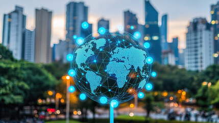 Poster - Glowing globe with network connections in cityscape background, symbolizing global connectivity and technology