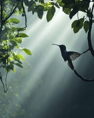 Hummingbird takes flight, jungle sunbeams, misty forest