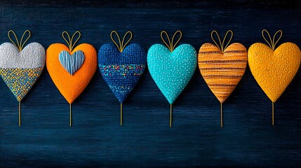 Poster - Cheerful Grouping of Animated Hearts in Vibrant Colors with Textured Patterns against a Dark Background for Decorative Inspirations