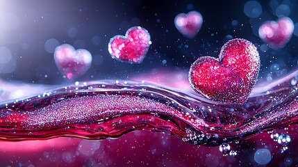 Poster - Whimsical Close-Up Shot of Floating Glittering Pink Hearts with Sparkling Water Background, Perfect for Romantic Themes and Artistic Designs