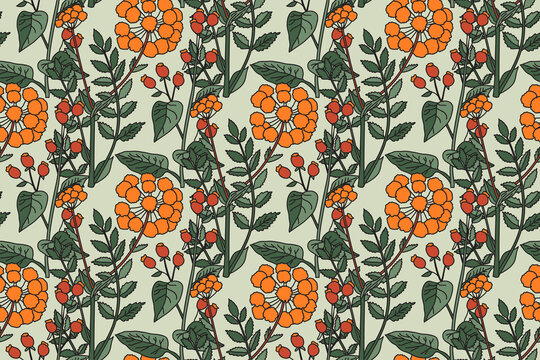 Botanical abstract seamless plant pattern with wildflowers vector illustration. Repeating floral print in vintage green pastel colors. Graphic design for Wallpaper Wedding Cover Wrapping pack Textile