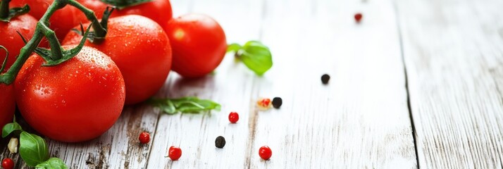 Aufkleber - Fresh red tomatoes and herbs on rustic wooden table with space for text and design elements for culinary presentations. Generative AI