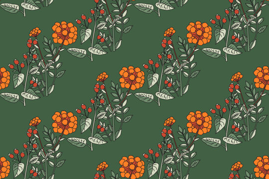 Botanical abstract seamless plant pattern with wildflowers vector illustration. Repeating floral print in vintage green pastel colors. Graphic design for Wallpaper Wedding Cover Wrapping pack Textile