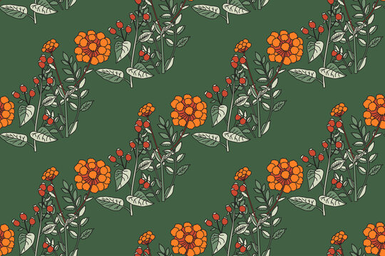 Botanical abstract seamless plant pattern with wildflowers vector illustration. Repeating floral print in vintage green pastel colors. Graphic design for Wallpaper Wedding Cover Wrapping pack Textile