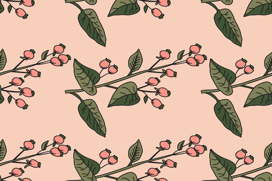 Botanical abstract seamless branch with leaves and berries pattern vector illustration. Repeating tree plant print in pink pastel colors. Graphic design for Wallpaper Wedding Cover Wrapping Textile