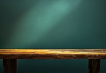 Poster - Plain Wooden Table Surface on Dark Green Background with Subtle Lighting Effects Creating an Elegant Atmosphere for Various Uses in Design and Decoration