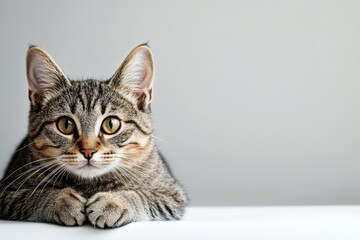 Poster - Cute tabby cat resting on a surface with empty space for text and mock up in minimalistic light setting. Generative AI