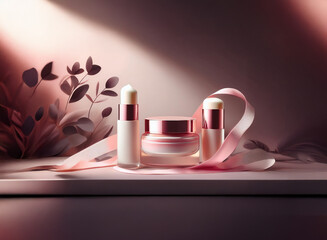 Poster - Elegant skincare set displayed on a minimalist shelf, bathed in soft light.  Pink ribbon and foliage accents add a touch of luxury.