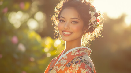 Poster - 成人式の晴れ着姿で笑顔を見せる日本人女性の華やかなひととき