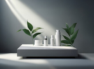 Poster - Elegant white skincare products displayed on a minimalist platform, illuminated by a dramatic light beam, accented with lush green leaves.  A serene and sophisticated aesthetic.