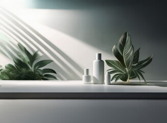 Poster - Sunlit minimalist scene featuring white cosmetic bottles and lush green tropical leaves on a clean white surface.  A calming, serene aesthetic.
