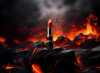 Aufkleber - A fiery red lipstick stands defiantly atop volcanic rocks, its sleek black case a stark contrast to the inferno.  The image evokes power and resilience.