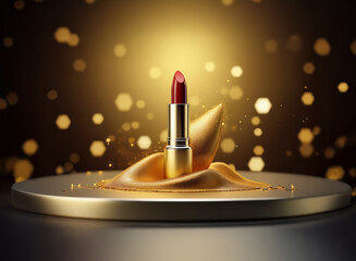 Poster - A red lipstick stands elegantly on a golden, fabric-draped pedestal against a bokeh background.  The luxurious scene evokes feelings of richness and glamour.