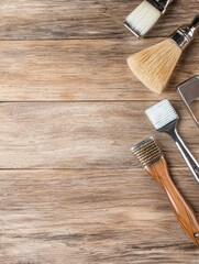 Grooming tools still life rustic display on wooden background