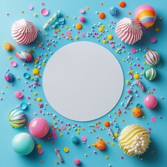 Wall Mural - Vibrant and Colorful Dessert Decoration with Assorted Sweets, Candy, and a Blank Central Space for Customizable Text or Image on a Bright Blue Background