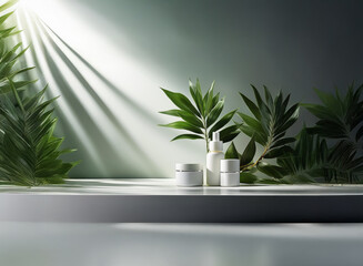 Poster - Sunlit minimalist scene showcasing skincare products on a sleek platform, surrounded by lush green tropical leaves.  A serene and natural aesthetic.