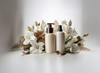 Poster - Elegant cream-colored bottles of lotion and spray, adorned with gold accents and surrounded by delicate white flowers and foliage, sit on a pristine white surface.  A sophisticated and luxurious aesth