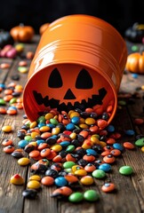 Wall Mural - Vibrant Halloween Candy Spill from a Jack-o'-Lantern Bucket on a Rustic Wooden Table, Surrounded by Colorful Treats and Pumpkins, Perfect for Festive Themes