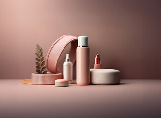 Poster - Elegant blush-toned skincare products arranged on minimalist geometric platforms.  Subtle lighting enhances the luxurious feel.  A single sprig adds a touch of nature.