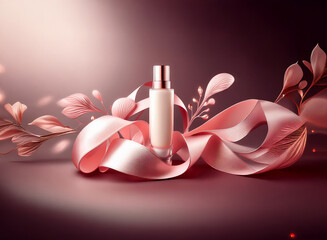 Aufkleber - Elegant skincare product displayed on a pink ribbon, surrounded by delicate blush-colored floral elements against a rich, dark background.  The scene is softly lit, emphasizing the product's luxurious