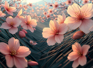 Wall Mural -  a serene scene of cherry blossoms in full bloom, with soft pink petals and delicate yellow stamens, set against a blurred background of green foliage and distant mountains. The lighting appears to be