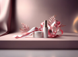 Aufkleber - Elegant skincare products displayed on a minimalist platform, adorned with a pink ribbon and delicate leaves.  A soft, luxurious setting.
