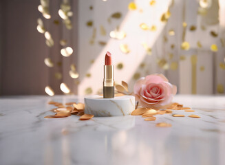 Aufkleber - A coral lipstick rests on a marble pedestal, adorned with rose petals and a delicate pink rose.  Golden confetti adds a touch of luxury to the scene, bathed in soft sunlight.