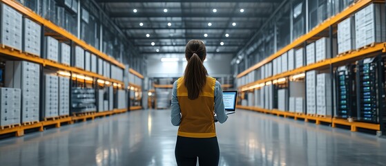 Poster - 3D graphics of female Chief Technology Officer standing in a warehouse, activating servers with a laptop, digital information streaming, SAAS, cloud computing, and online service