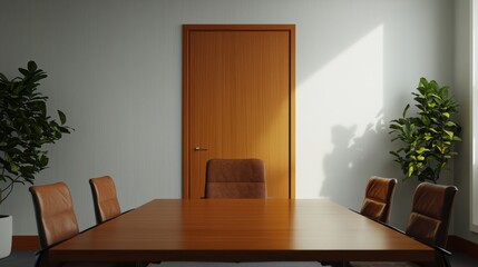 Poster - Empty conference room with wooden table and leather chairs fostering focus and productivity