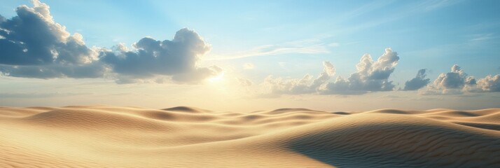 Poster - Vast desert landscape with soft sand dunes and blue sky filled with clouds. Generative AI